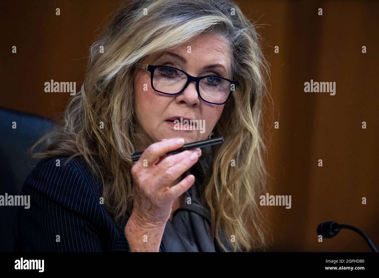 Washington, United States Of America. 29th Sep, 2021. United States Senator Marsha Blackburn (Republican of Tennessee), speaks during the Senate Judiciary Committee hearing titled “Texas's Unconstitutional Abortion Ban and the Role of the Shadow Docket,” in Hart Senate Office Building in Washington, DC, on Wednesday, September 29, 2021. Credit: Tom Williams/Pool via CNP Photo via Credit: Newscom/Alamy Live News Stock Photo