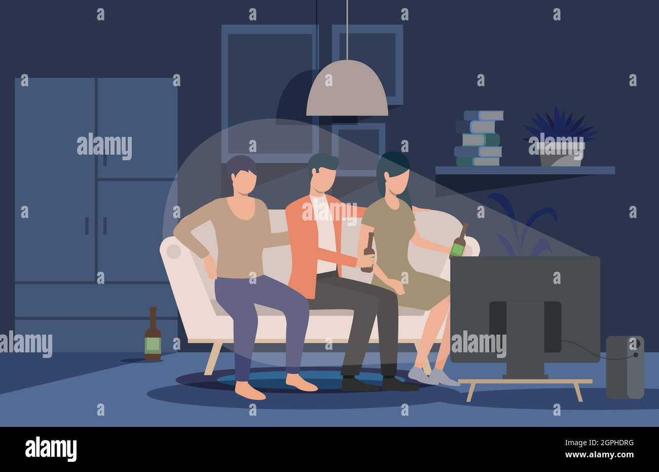 Friends watching movie at home landing page Stock Vector