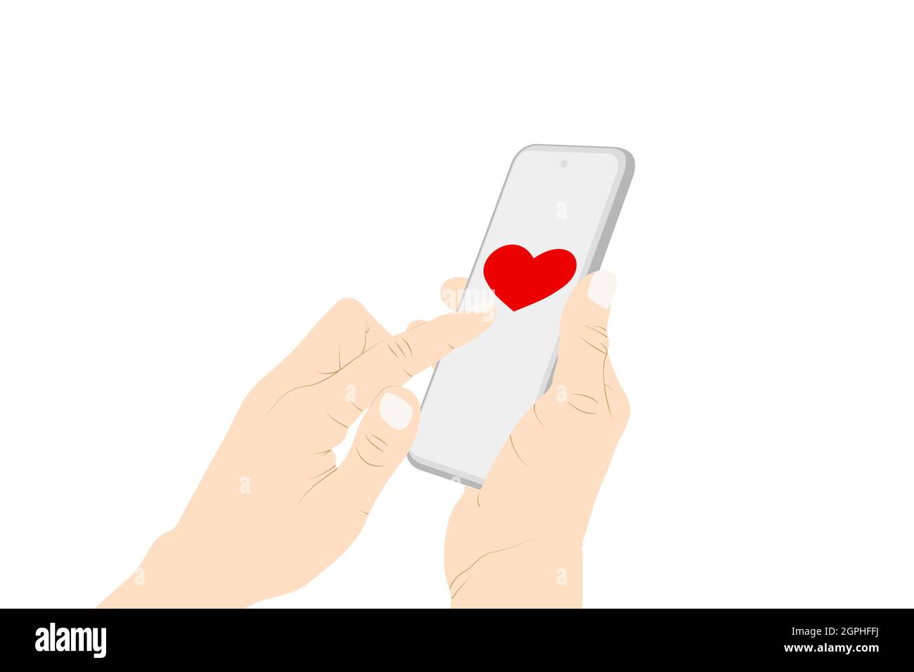 Sending heart emoji with phone, flirting, heart symbol, woman hand sending a message with phone. Vector stock illustration Stock Vector