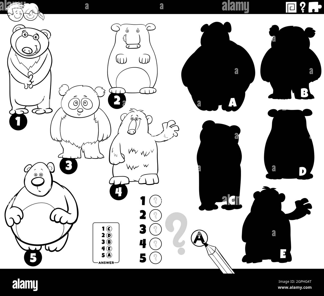 shadows game with bears characters coloring book page Stock Vector