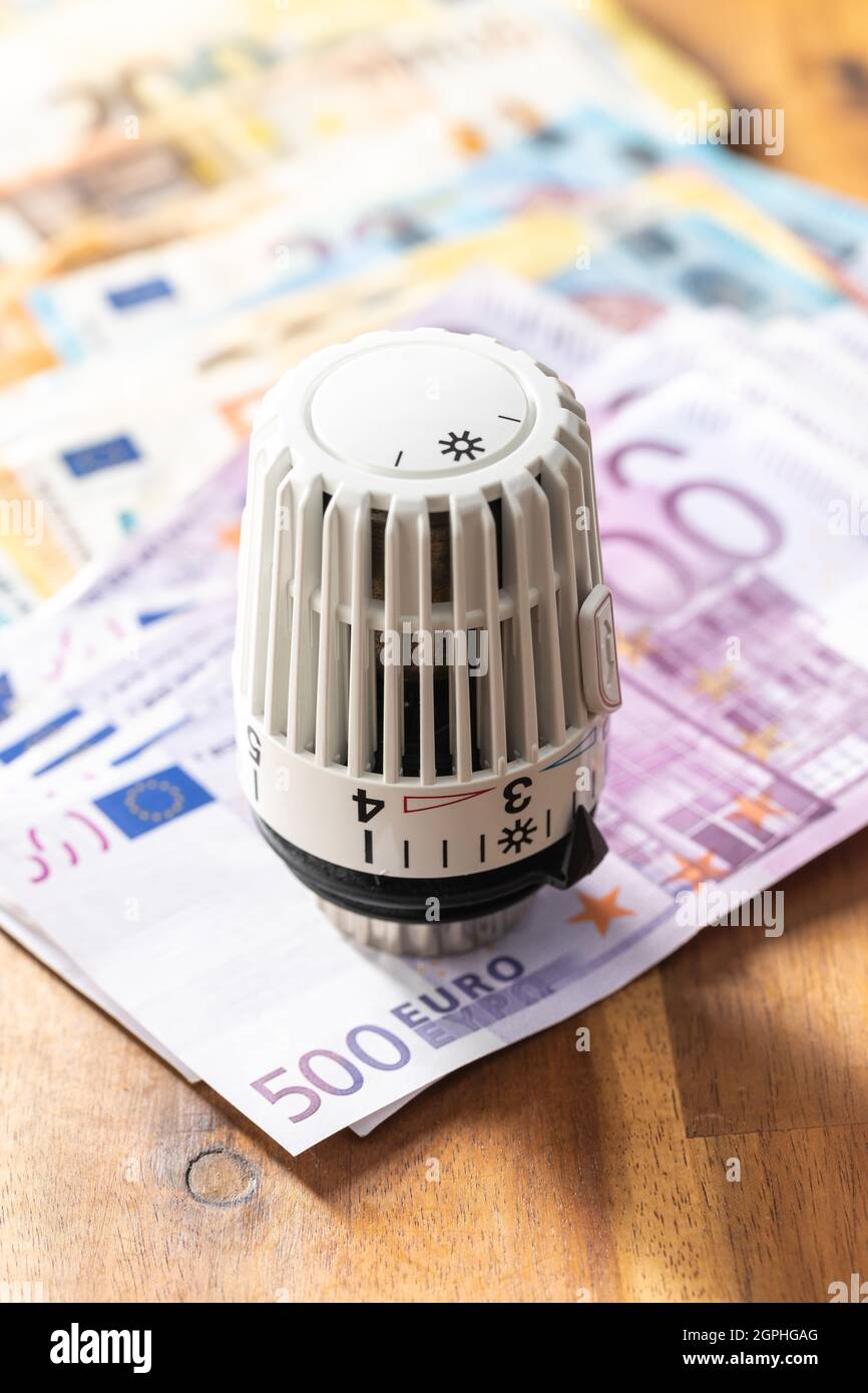 Thermostatic head and Euro money on wooden table. Euro banknotes. Stock Photo
