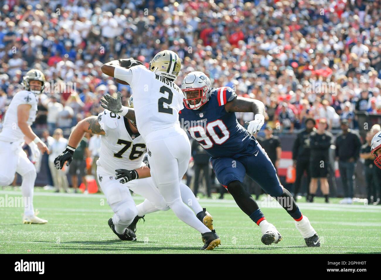 Sunday, September 26, 2021: New England Patriots defensive tackle Christian  Barmore (90) closes in on New Orleans Saints quarterback Jameis Winston (2)  during the NFL football game between the New Orleans Saints