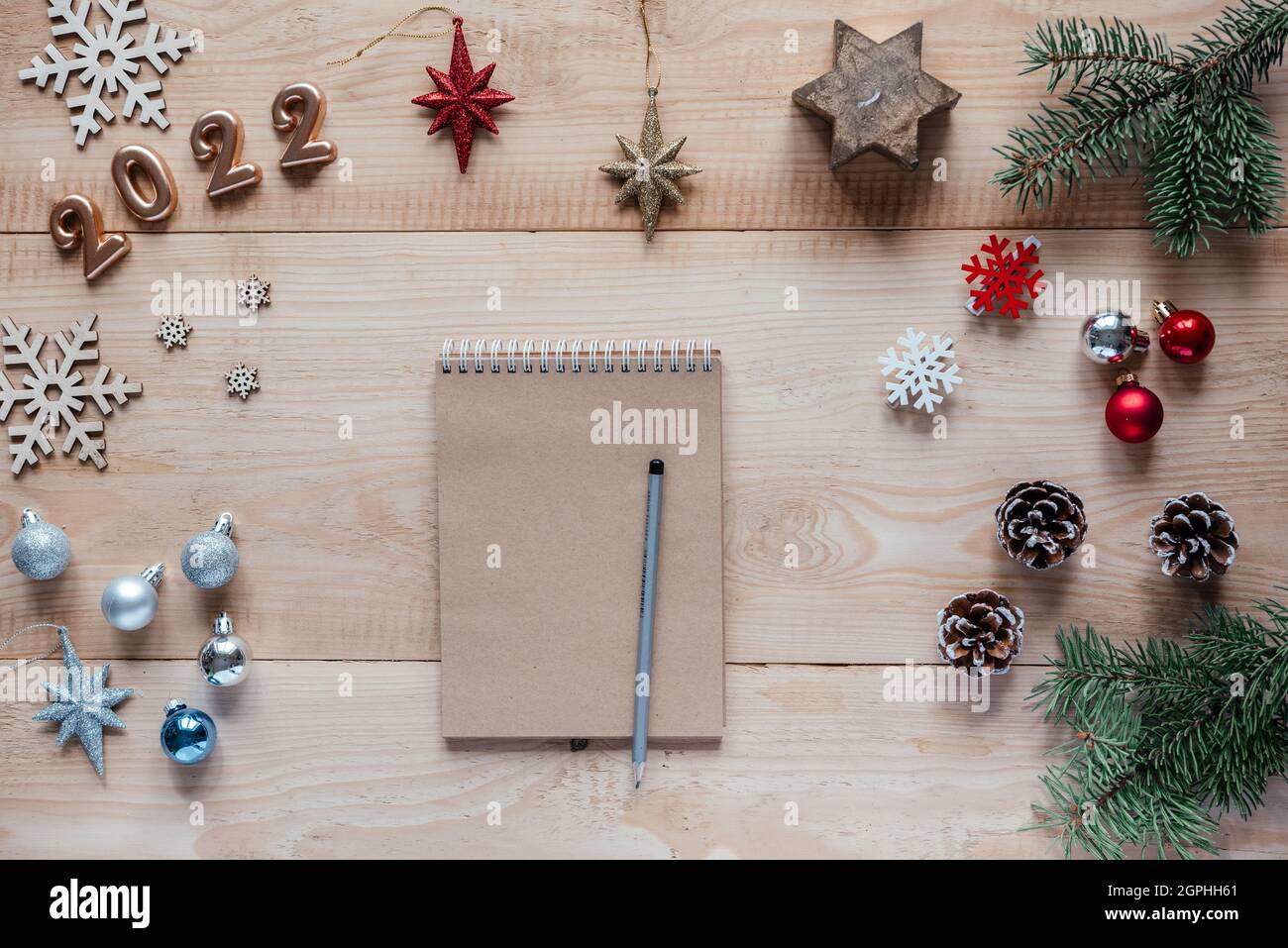 New Tool For Christmas 2022 Christmas Decorations With A Notebook For 2022 New Year Resolutions Stock  Photo - Alamy