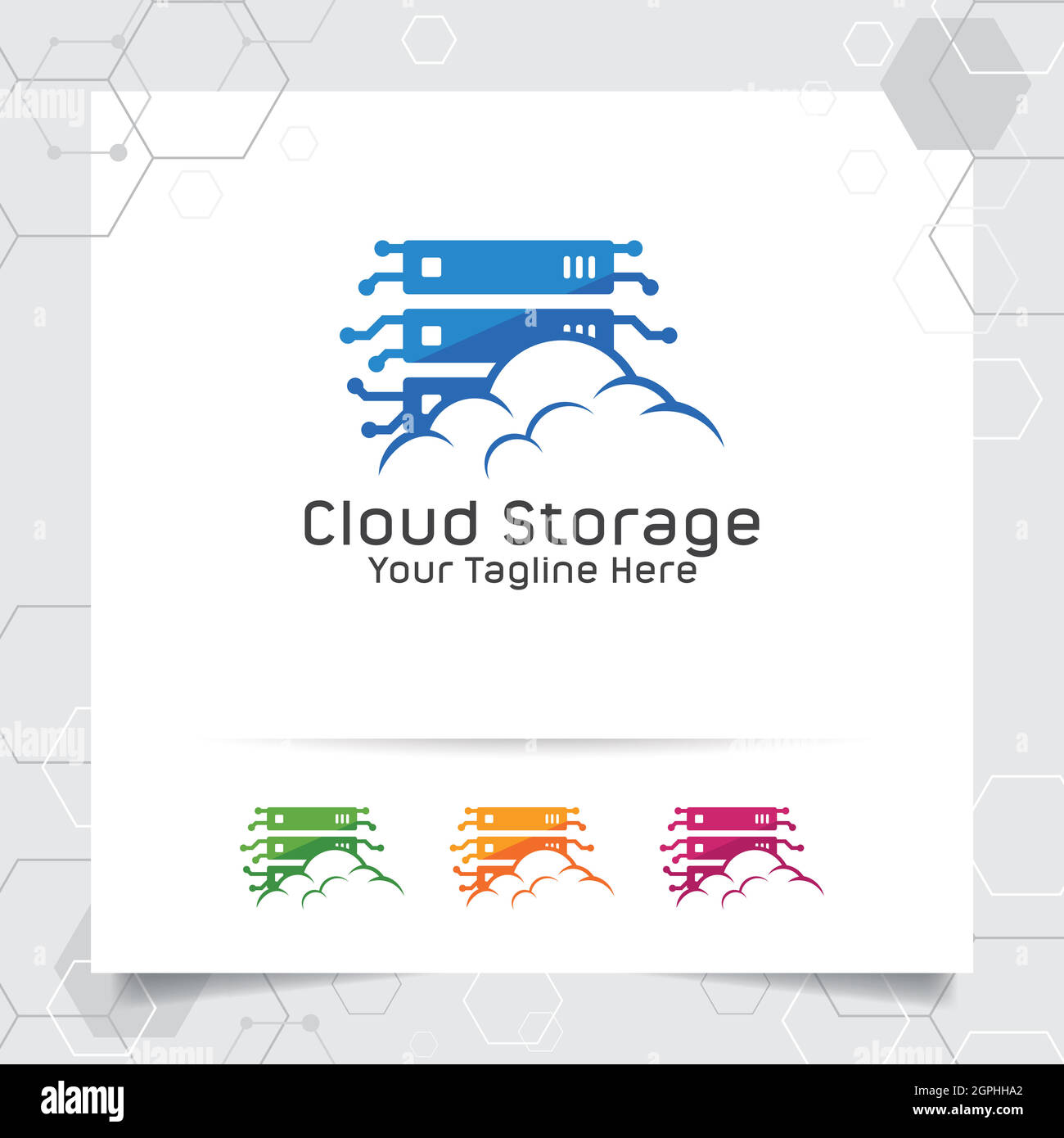 Cloud hosting logo vector design with concept of server and cloud icon illustration for hosting provider, server rack, and sharing storage. Stock Vector