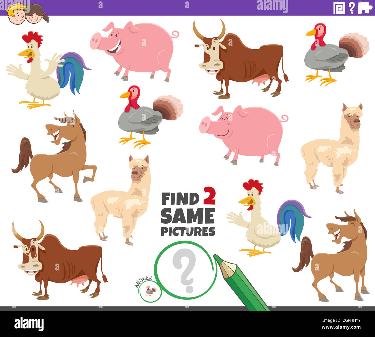 find two same farm animals educational game for kids Stock Vector