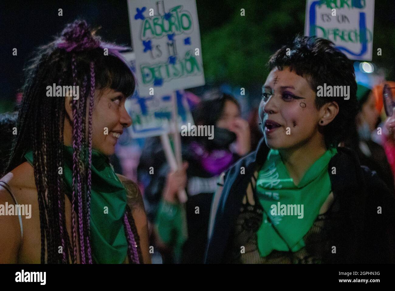 Women take part in a demonstration demanding the decriminalization of abortion during the Global Day of Action for Legal and Safe Abortion in Latin America and the Caribbean in Bogota on September 28, 2021. Stock Photo