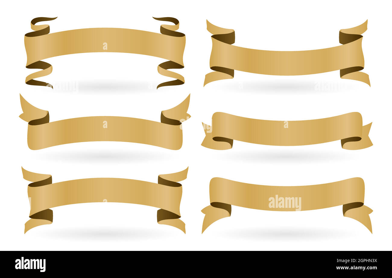 set of golden ribbons with six model isolated white backgrounds. set of golden banners ribbons isolated on white backgrounds applicable for banner, flyer or brochure on advertising in media. Stock Vector