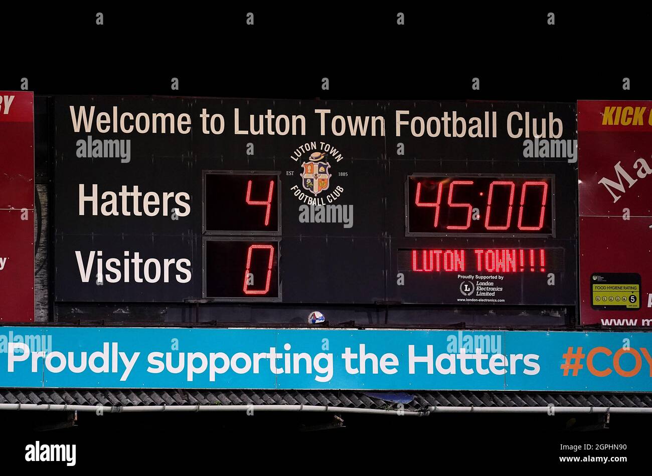 The scoreboard shows the 40 half time score to Luton Town during the