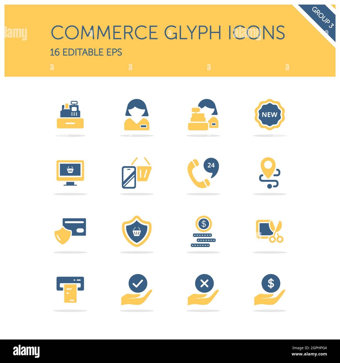 Commerce. People, cashier machine, phone, security, ticket, money and hands group. Isolated icon set. Glyph vector illustration Stock Vector