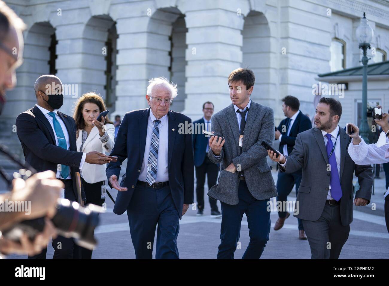 Washington, United States. 29th Sep, 2021. Senator Bernie Sanders (I-VT) departs from the U.S Capitol following a vote on the nomination of Robert Anderson to be Solicitor of the Department of the Interior, in Washington, DC on Wednesday September 29, 2021. Photo by Sarah Silbiger/UPI Credit: UPI/Alamy Live News Stock Photo