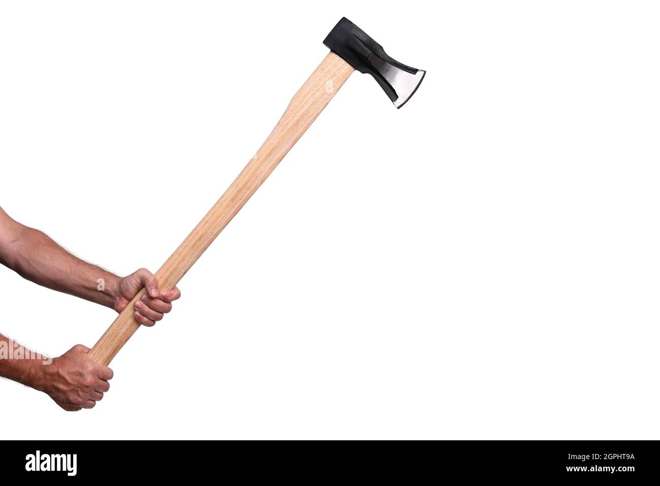 in men's hands is a large hatchet for chopping firewood Stock Photo Alamy