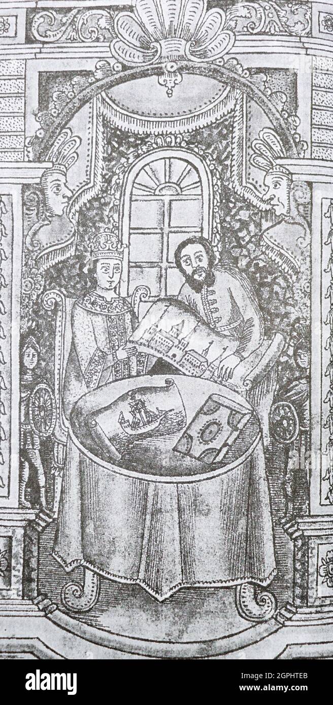 Nikita Zotov teaches Tsarevich Peter Alekseevich various sciences. Medieval engraving. Stock Photo
