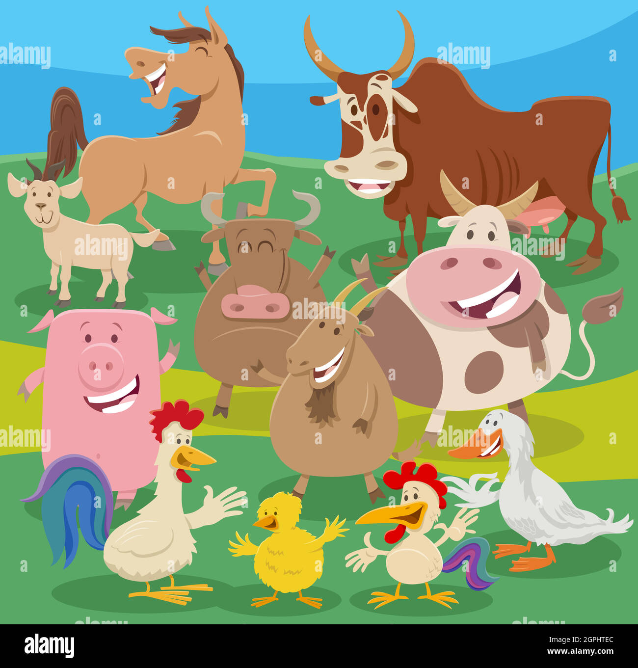 cartoon farm animal characters group in the countryside Stock Vector