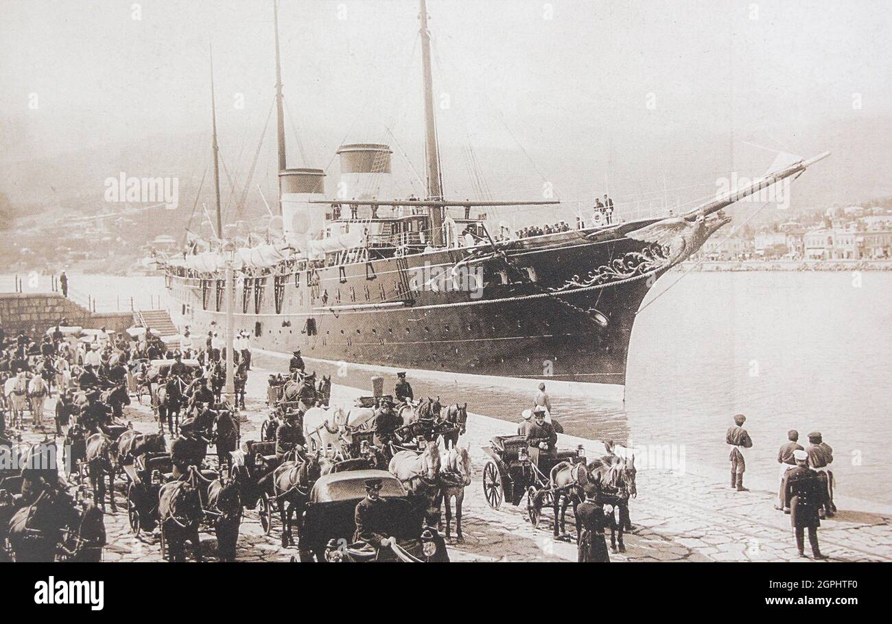 Departure of the yacht 'Shtandart' from the port of Yalta in 1912. Stock Photo