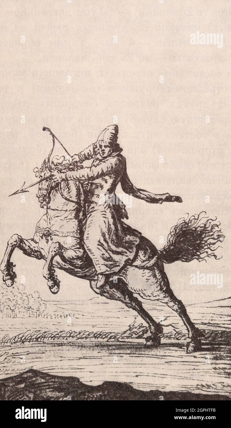 Equestrian warrior. Drawing from 1674. Stock Photo