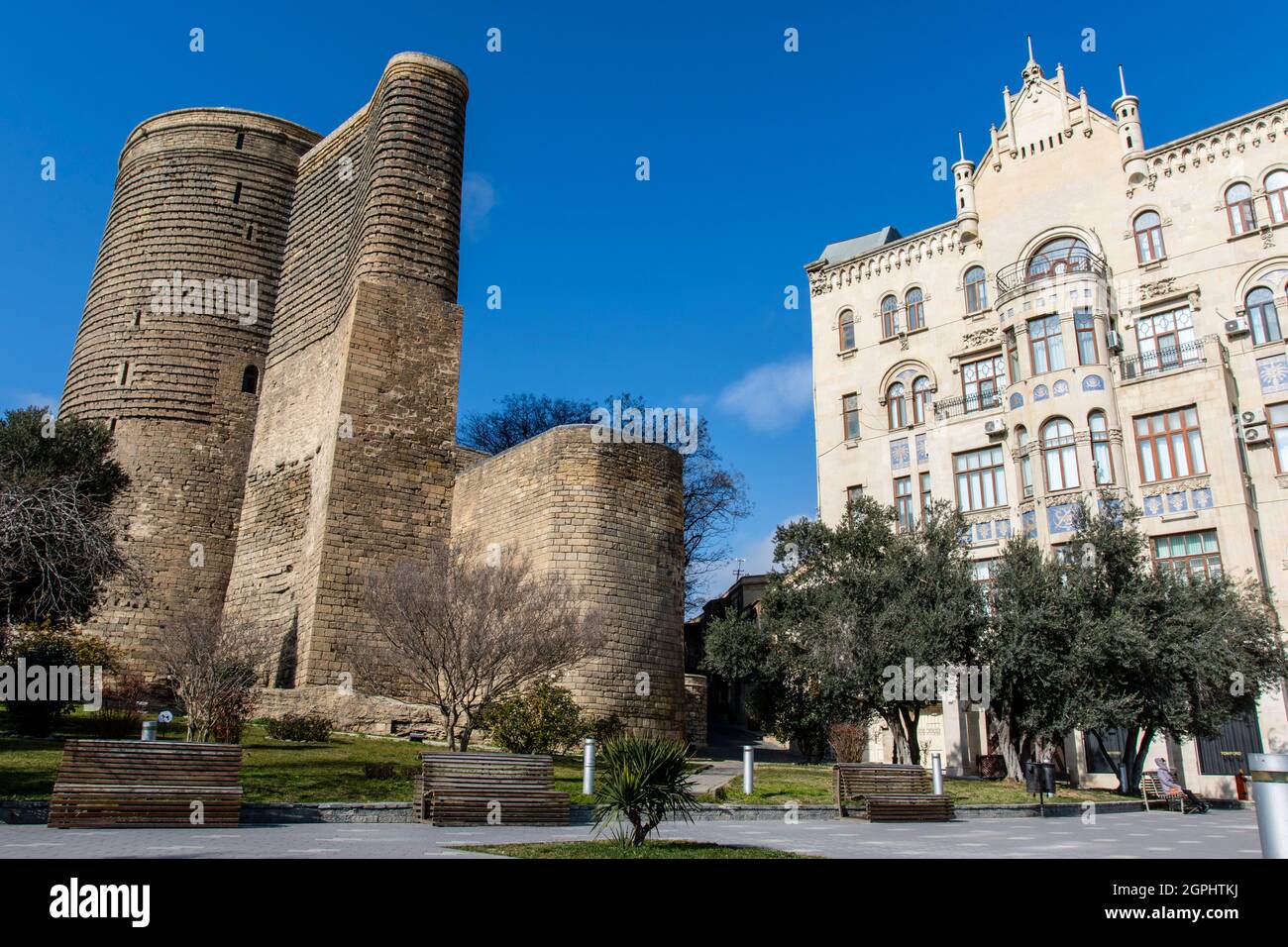 Exterior of the Maidan's Tower (Qiz Qalasi), an Unesco World Heritage Site in Baku, Azerbeijan Stock Photo