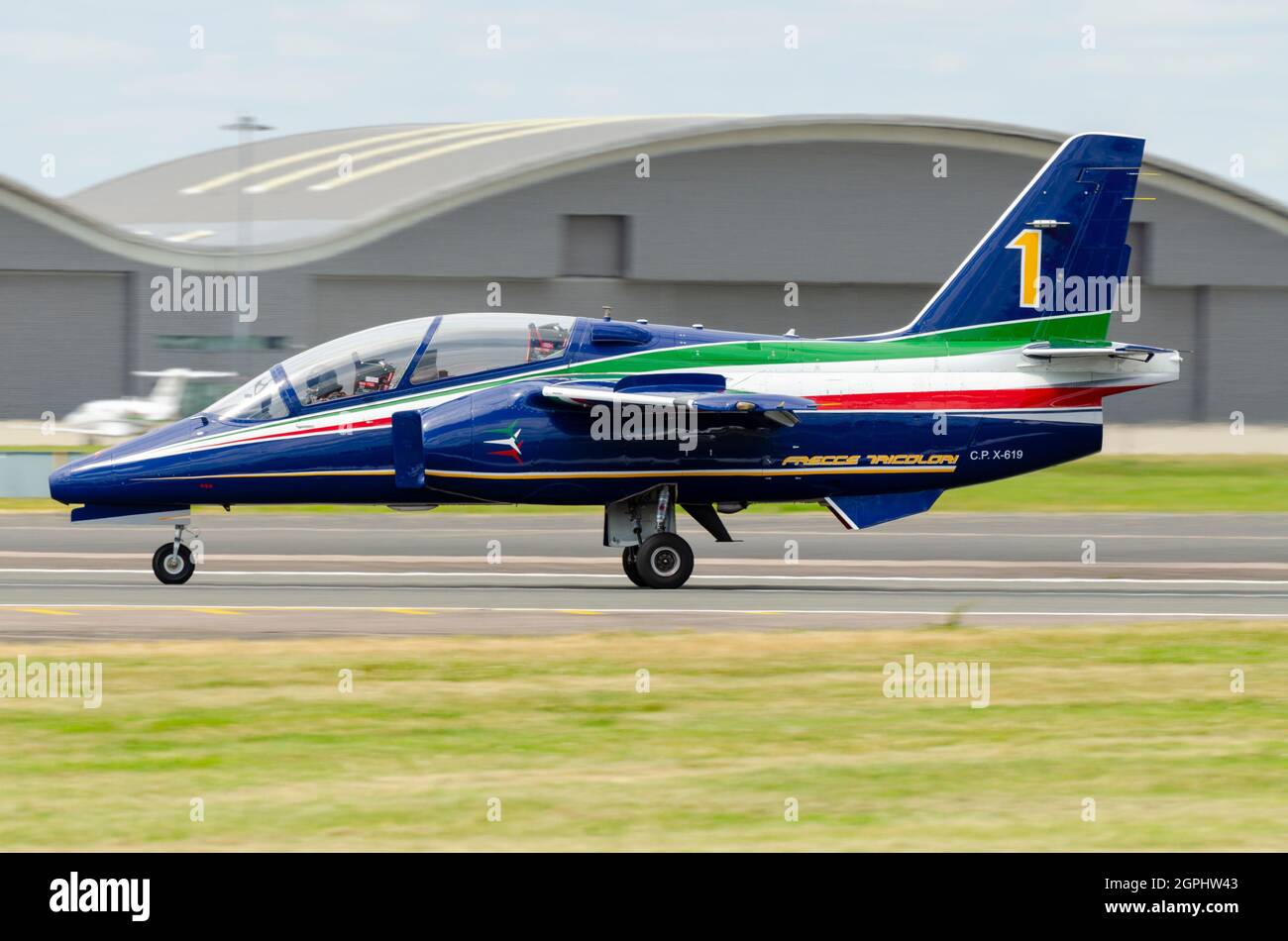 Aermacchi M 345 advanced military jet trainer plane serial CPX619 in Frecce Tricolori colours as number 1. Italian Air Force training airplane Stock Photo