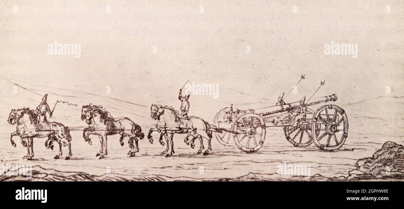 Russian artillery on a campaign. Drawing from 1674. Stock Photo