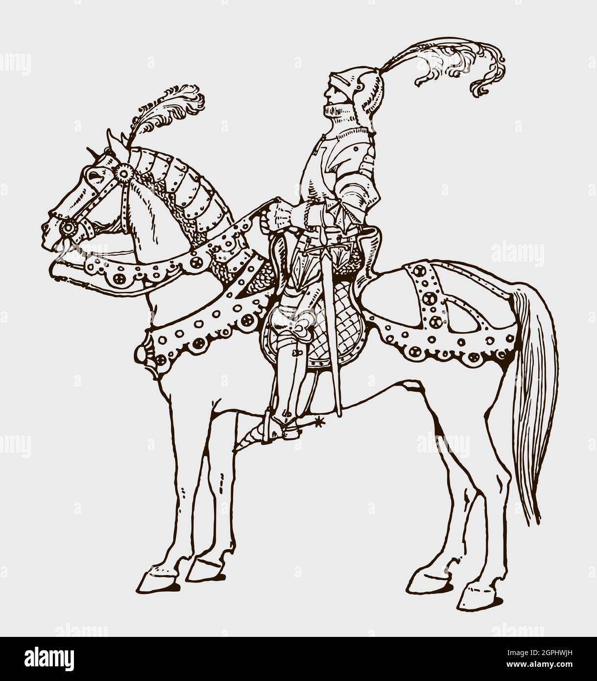 Mounted knight from 15th century in side view Stock Vector