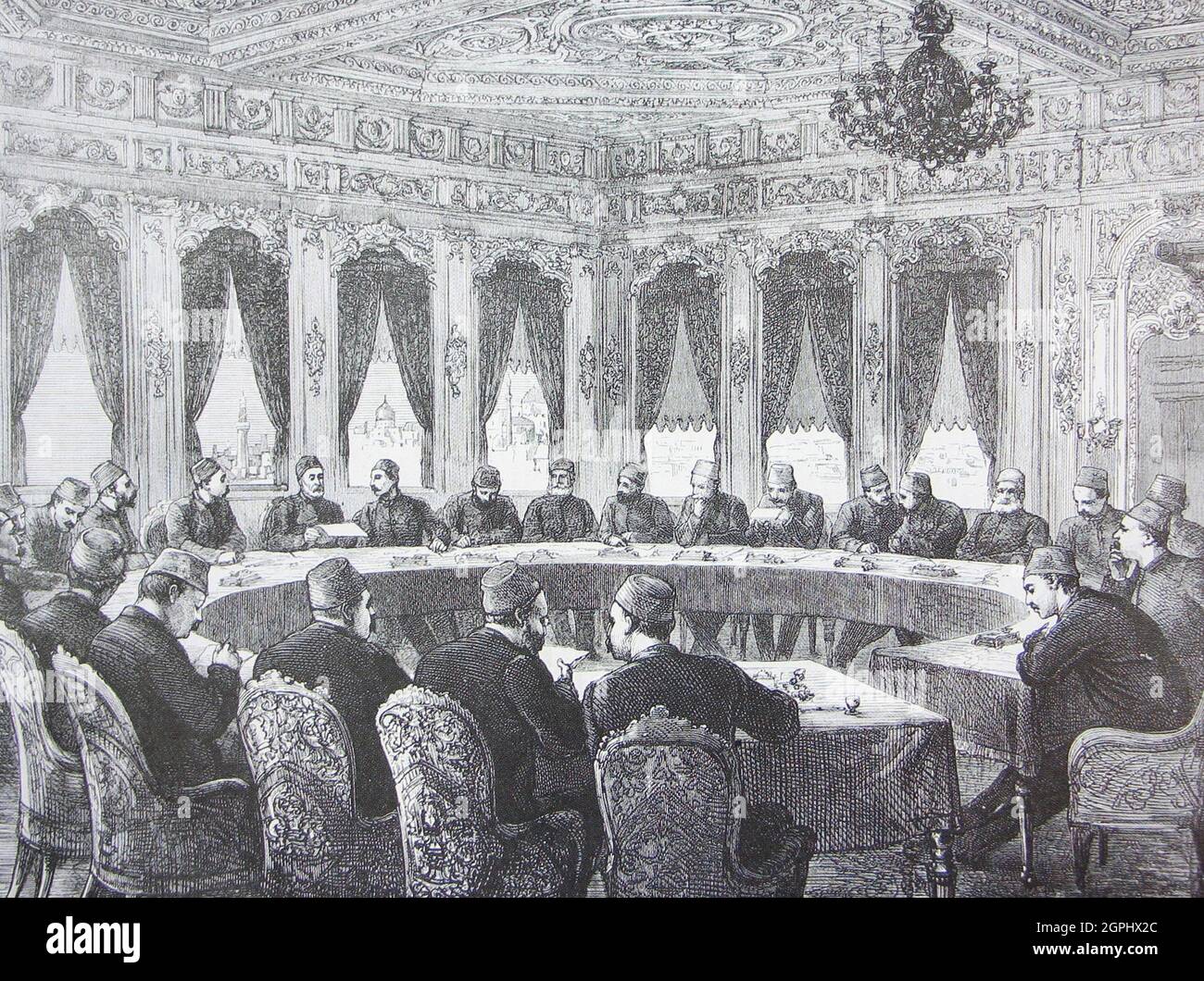 The Turkish government is in session after Russia has declared war. Engraving of 1877. Stock Photo