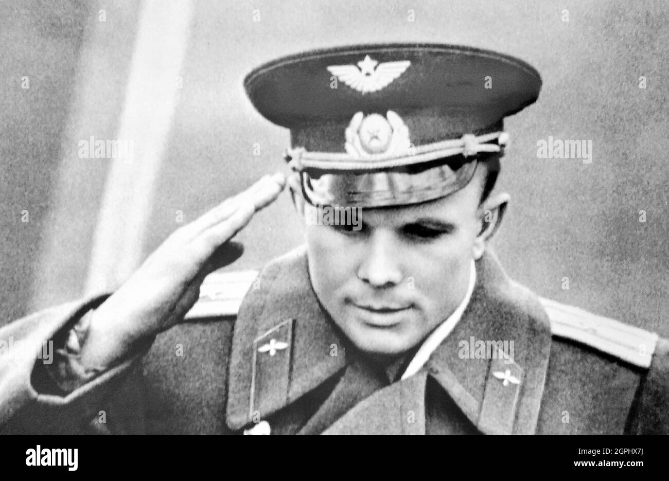Yuri Gagarin reports to Nikita Khrushchev. Stock Photo