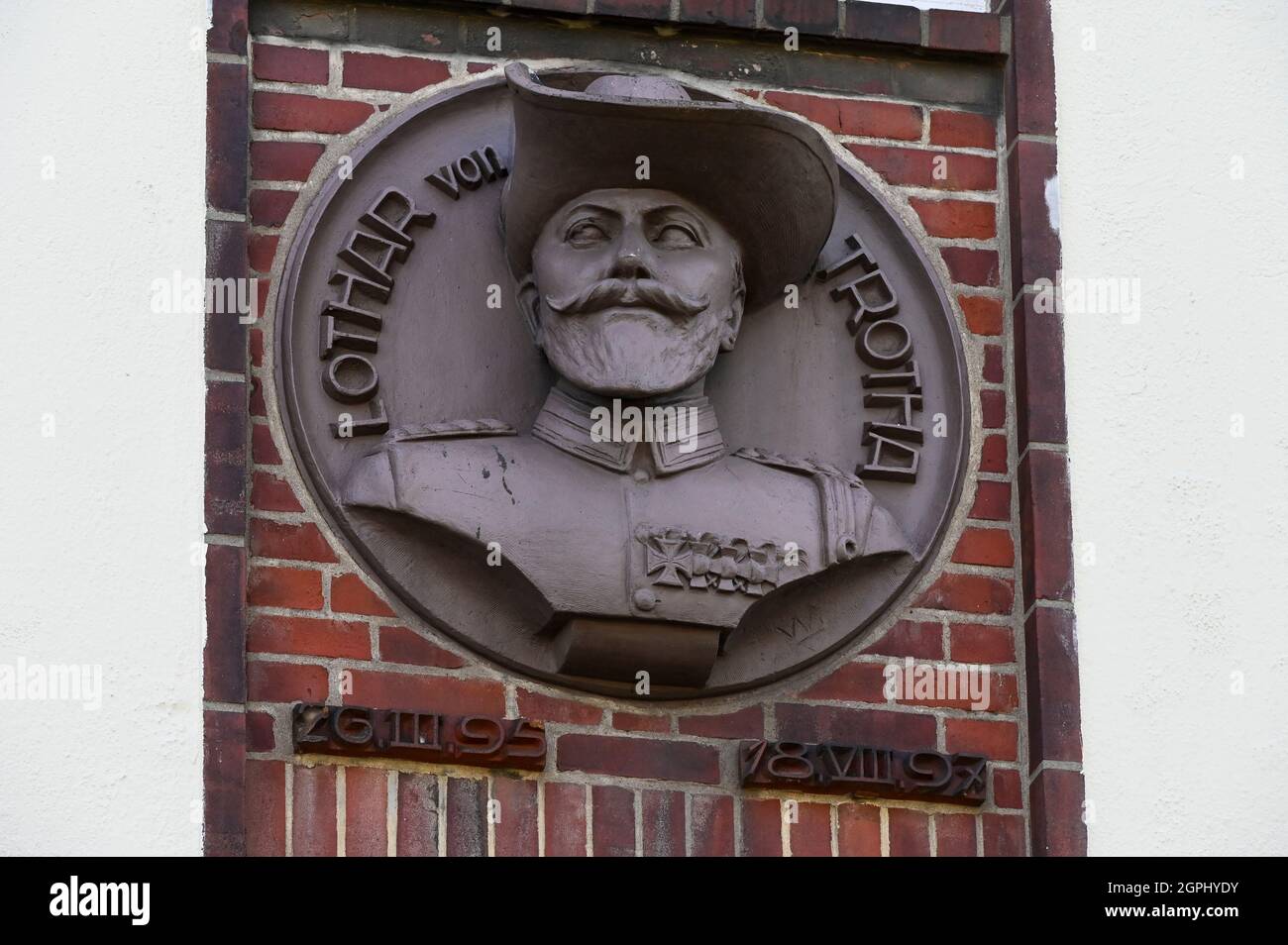 GERMANY, Hamburg, colonial German history, former Nazi Lettow-Vorbeck army barracks in Jenfeld , built 1936-38 during Hitler time, later used by Bundeswehr until 1999, bust of Lothar von Trotha, commander of the german colonial troops in Southwest Africa, today Namibia, he was responsible for the genocide of the Herero and Nama people Stock Photo