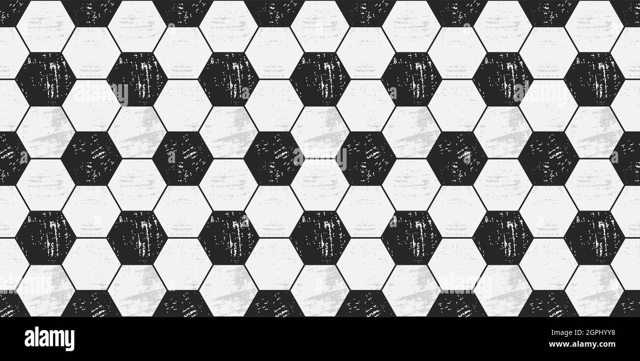 Soccer ball texture. Football seamless pattern in grunge style. Black and white hexagon wallpaper. Vector repeated tile design. Stock Vector