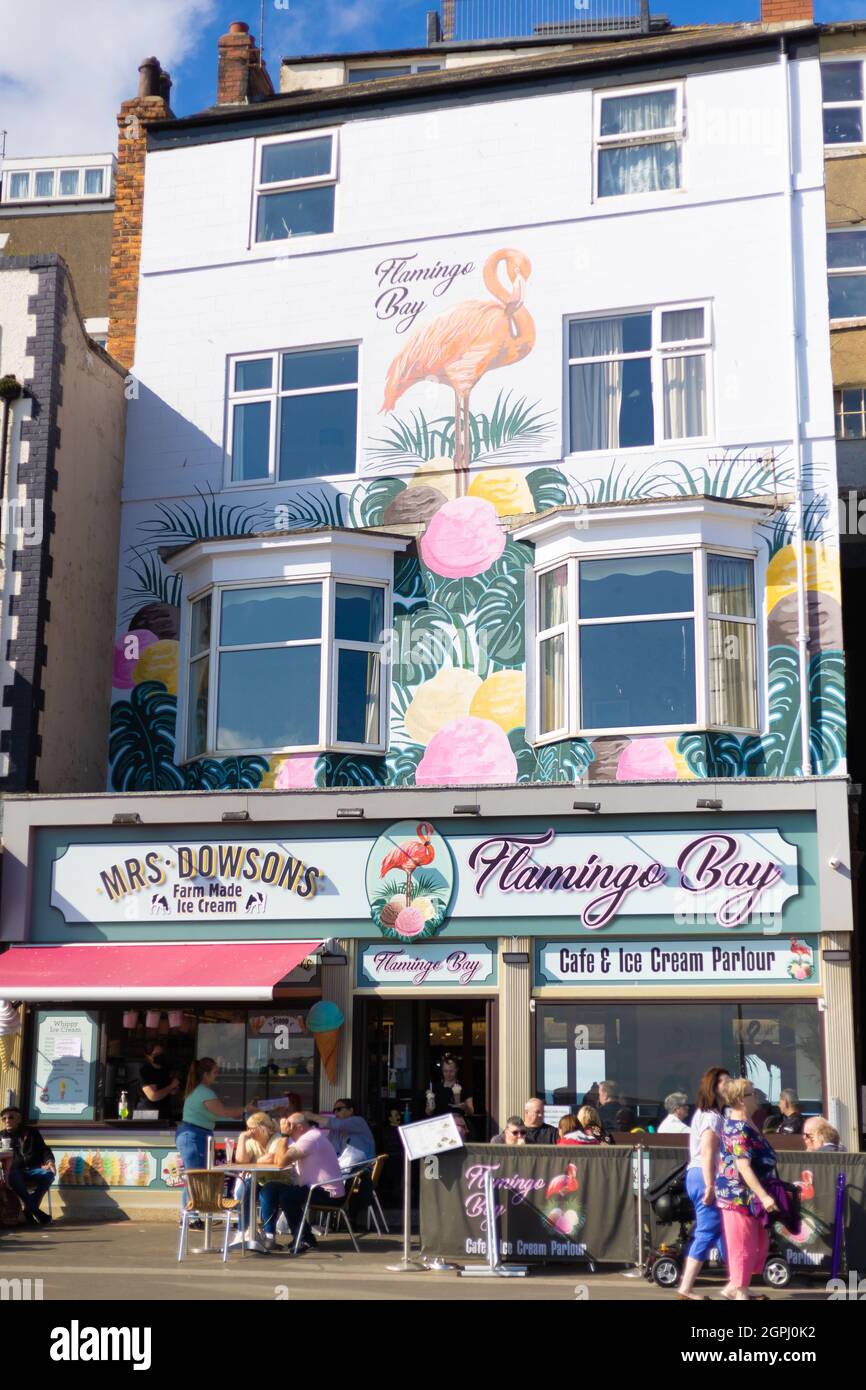 The colourful facade of Flamingo Bay Ice Cream Parlour at Scarborough. Stock Photo