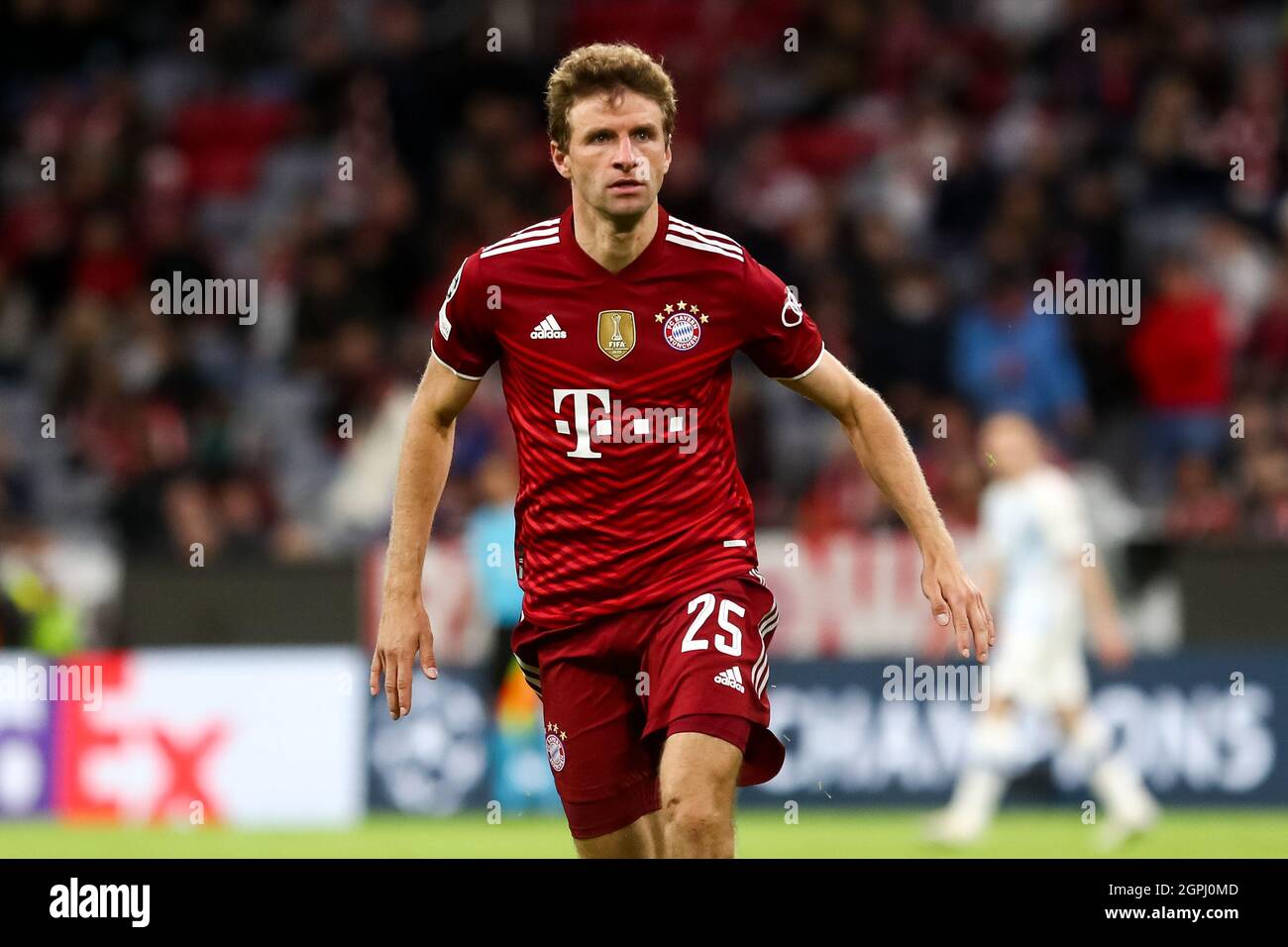 MUNICH, GERMANY - SEPTEMBER 29: Thomas Muller of FC Bayern Munchen during  the UEFA Champions League Group Stage match between Bayern Munchen and  Dinamo Kiev at the Allianz Arena on September 29,