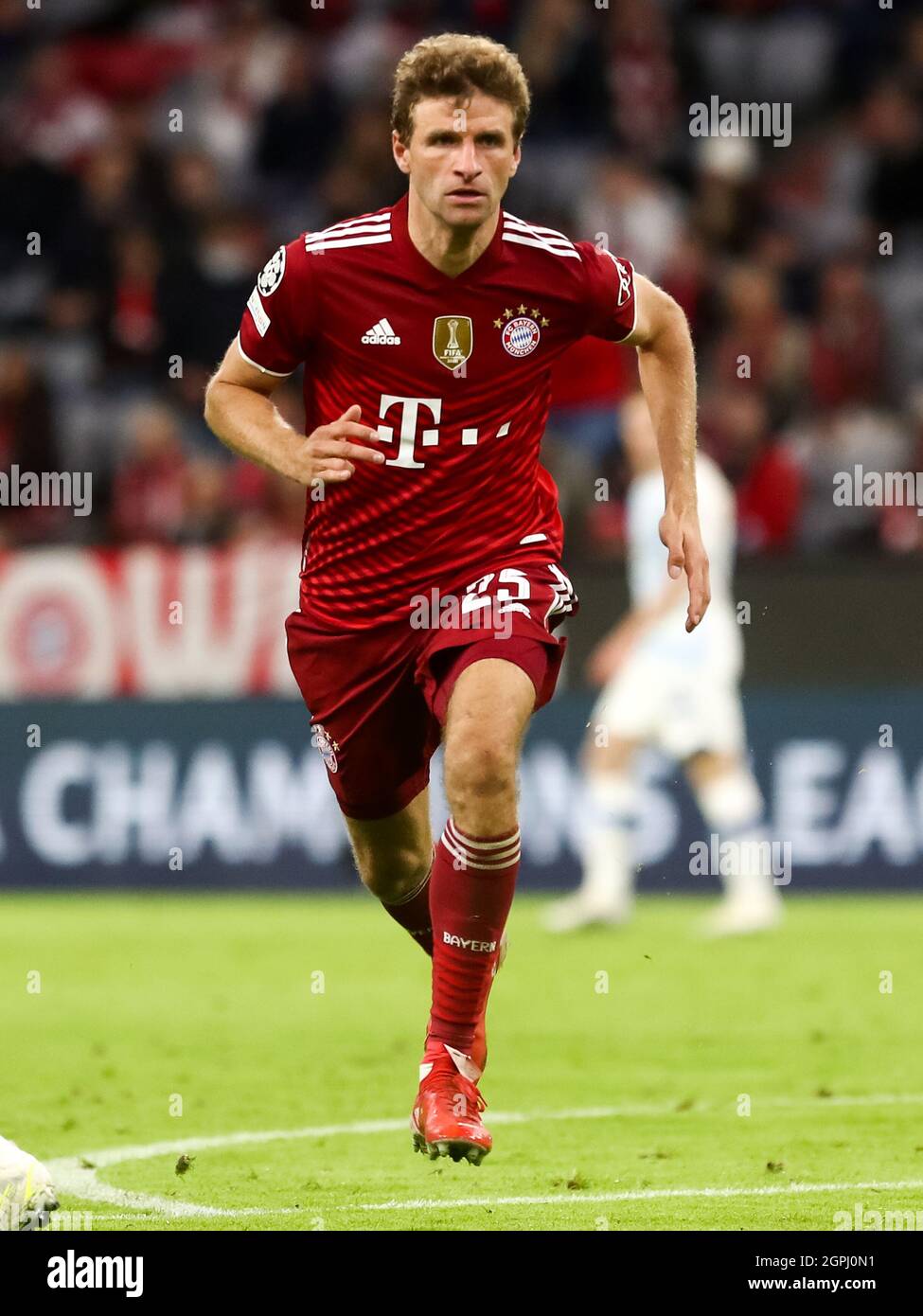 MUNICH, GERMANY - SEPTEMBER 29: Thomas Muller of FC Bayern Munchen during  the UEFA Champions League Group Stage match between Bayern Munchen and  Dinamo Kiev at the Allianz Arena on September 29,
