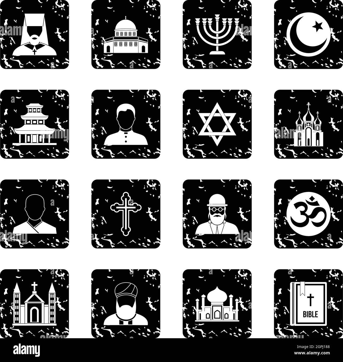 Religion icons set, grunge style Stock Vector