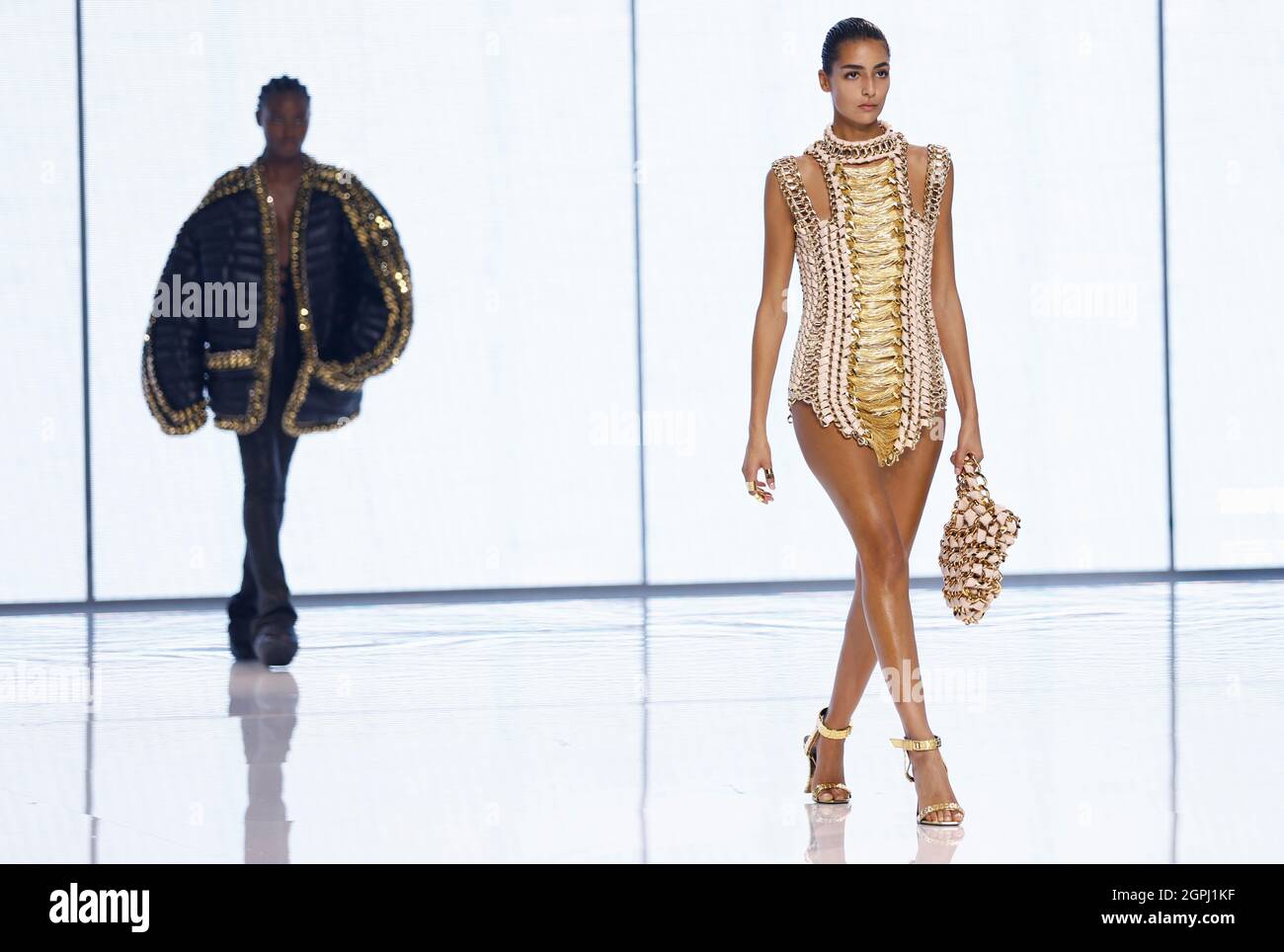 Models present creations by designer Olivier Rousteing as part of his  Spring/Summer 2022 women's ready-to-wear collection show for fashion house  Balmain during Paris Fashion Week in Paris, France, September 29, 2021.  REUTERS/Stephane