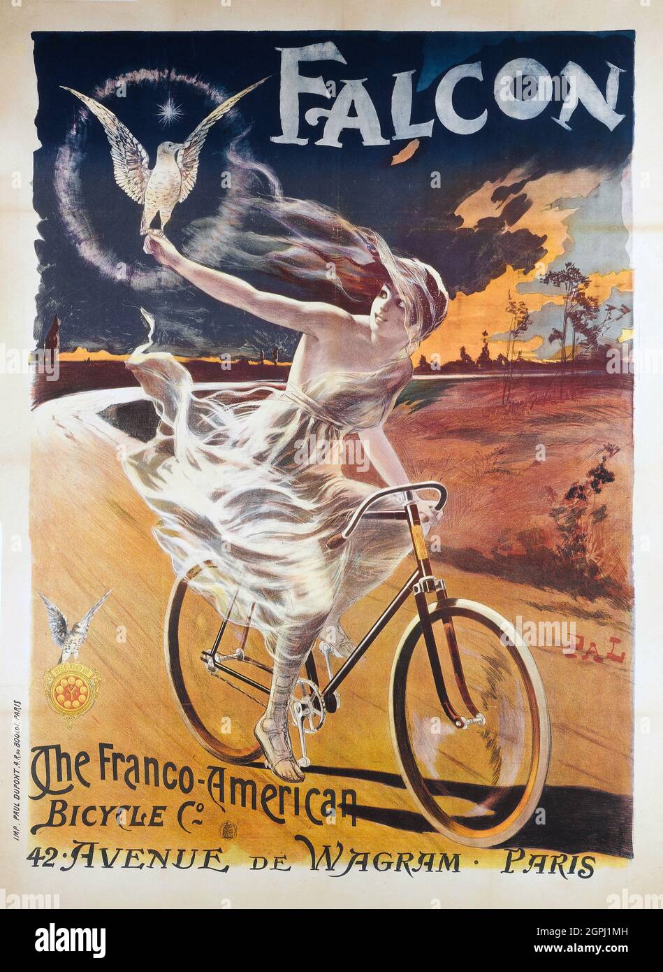 Poster art by Jean de Paleologu (or Paleologue) (1855 – 24 November 1942) Nickname 'PAL'. Falcon (1896) Bicycle advertisement. Stock Photo