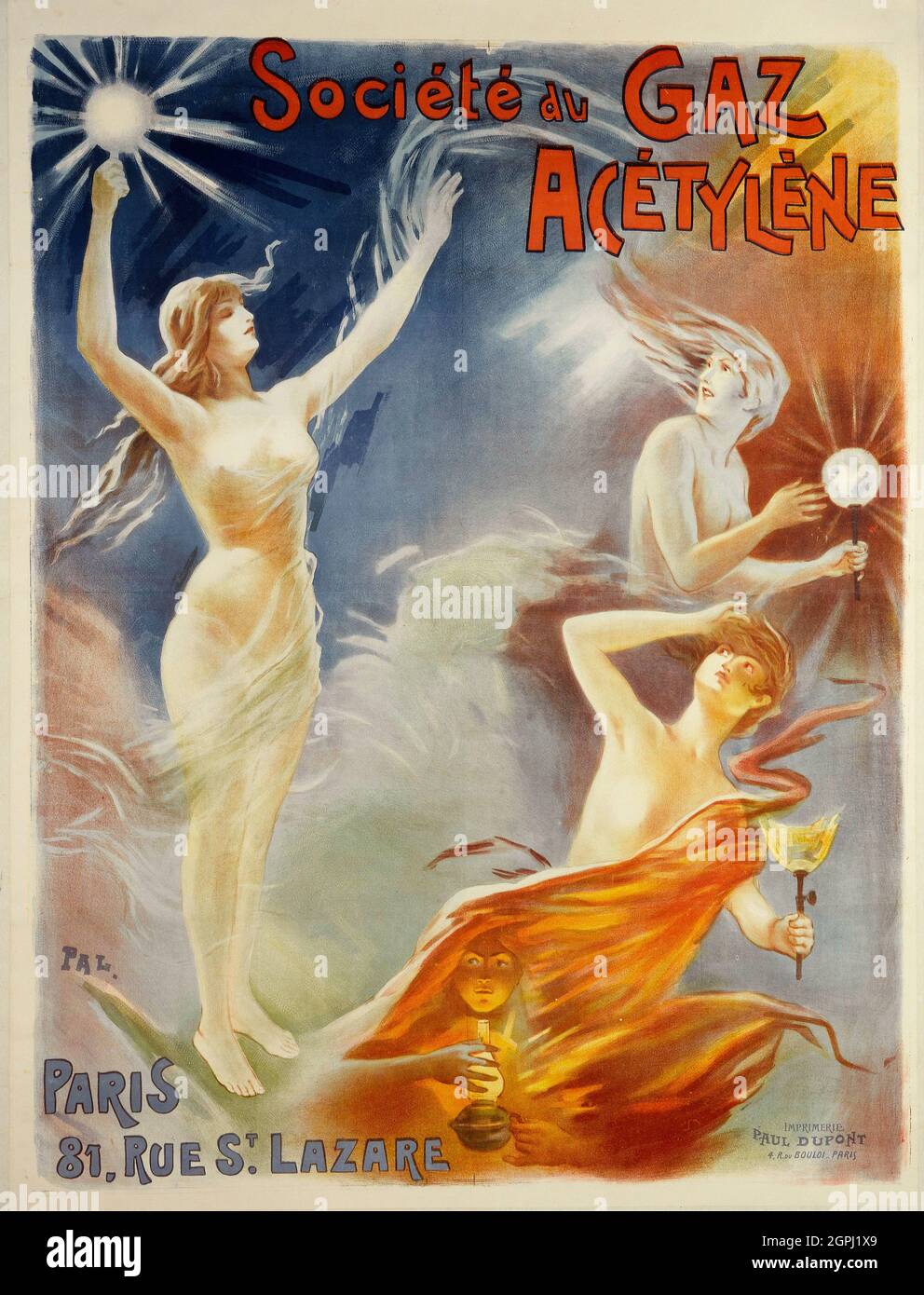 Poster art by Jean de Paleologu (or Paleologue) (1855 – 24 November 1942) Nickname 'PAL'. Societe Du Gaz Acetylene (1897-1903) Stock Photo