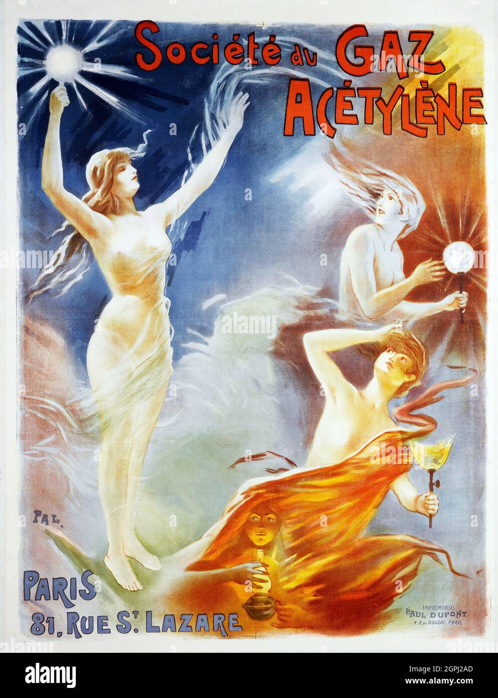 Poster art by Jean de Paleologu (or Paleologue) (1855 – 24 November 1942) Nickname 'PAL'. Societe Du Gaz Acetylene (1897-1903) Stock Photo