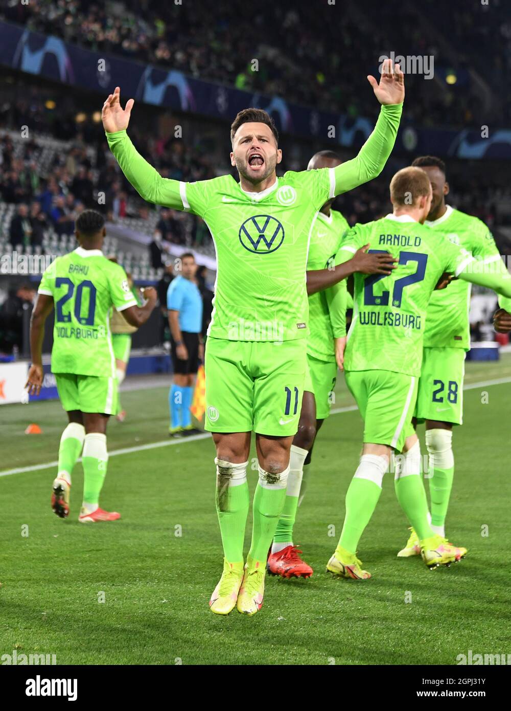 Wolfsburg Germany 29th Sep 2021 Football Champions League Vfl Wolfsburg Fc Sevilla Group Stage Group G Matchday 2 At Volkswagen Arena Wolfsburg S Renato Steffen Celebrates His Goal To Make It 1 0