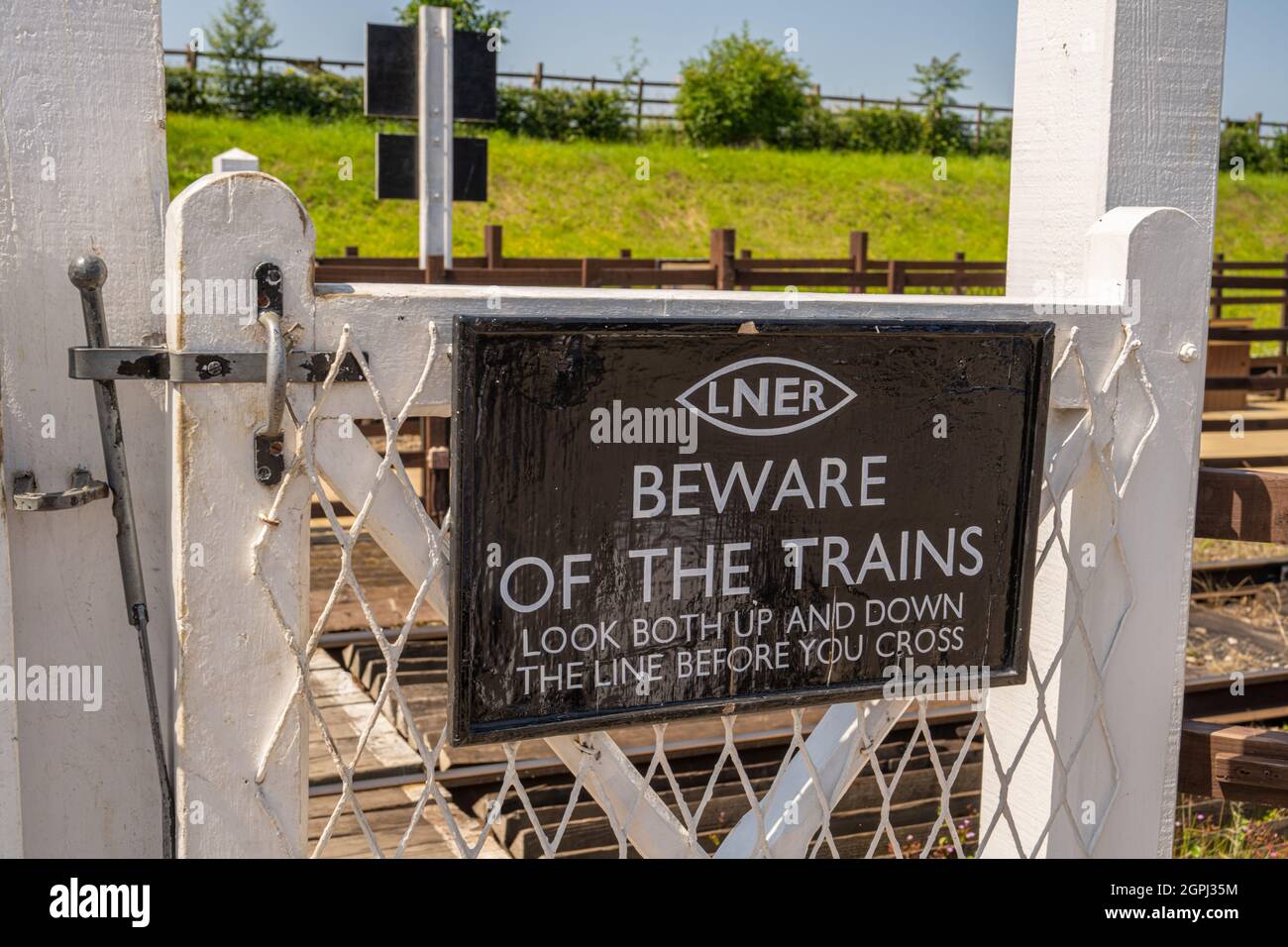 Warning sign at Rothley Station on The Great Central Railway (GCR) heritage line Stock Photo