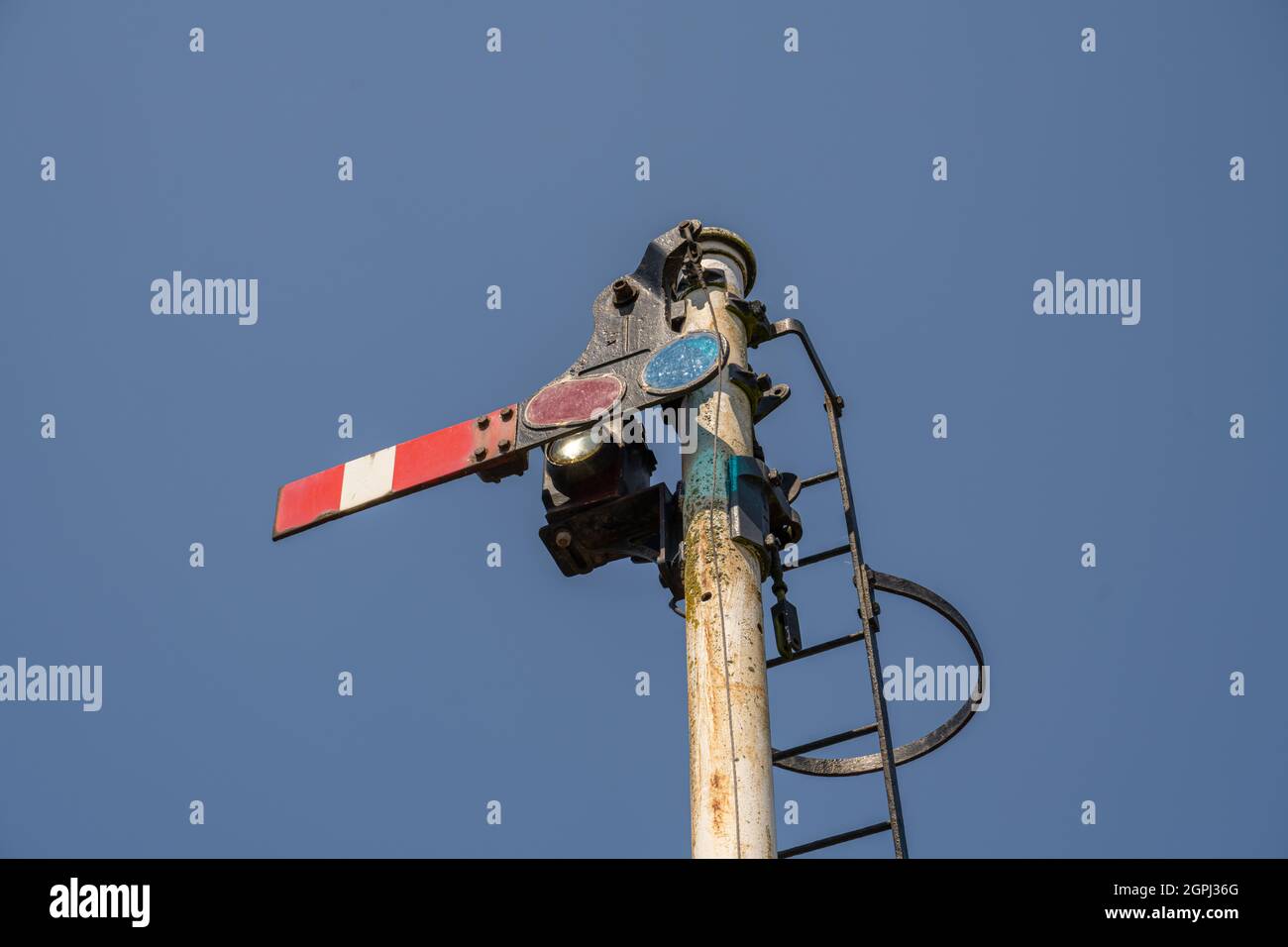 Railway semaphore signals at Rothley Station on The Great Central Railway (GCR) heritage line Stock Photo