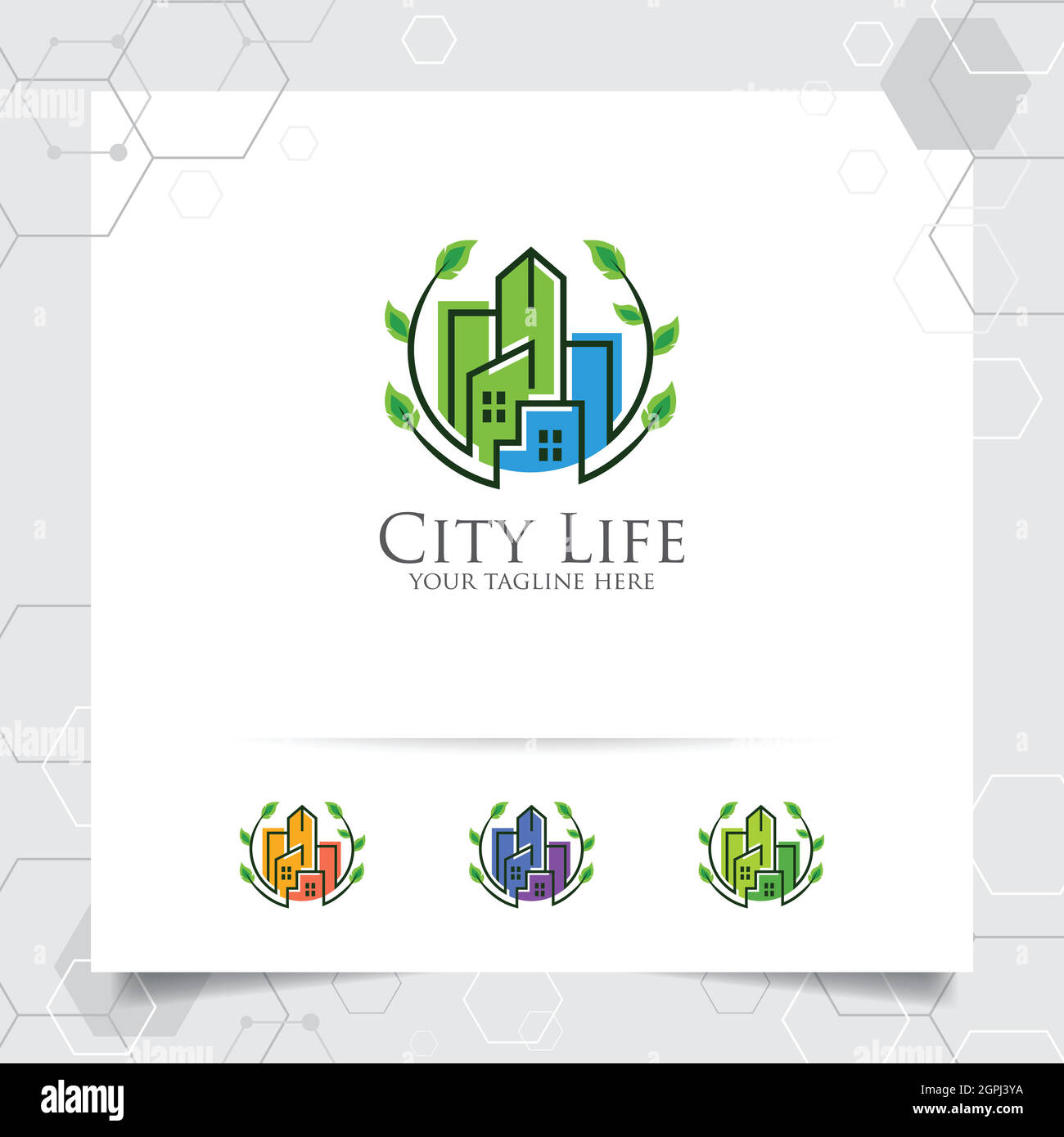 Real estate logo design concept of green city building illustration ...