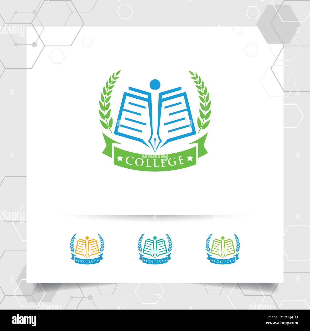 Education logo vector design with concept of book, pen, and wreaths icon illustration for academy, university, school. Stock Vector
