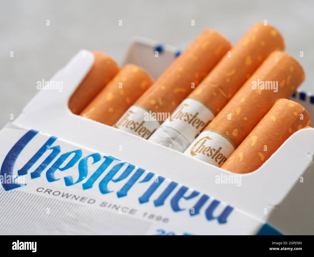 In this photo illustration, a pack of Chesterfield Cigarettes, made by  Philip Morris with a government warning 'Smoking Kills' seen displayed.  (Photo by Igor Golovniov / SOPA Images/Sipa USA Stock Photo -