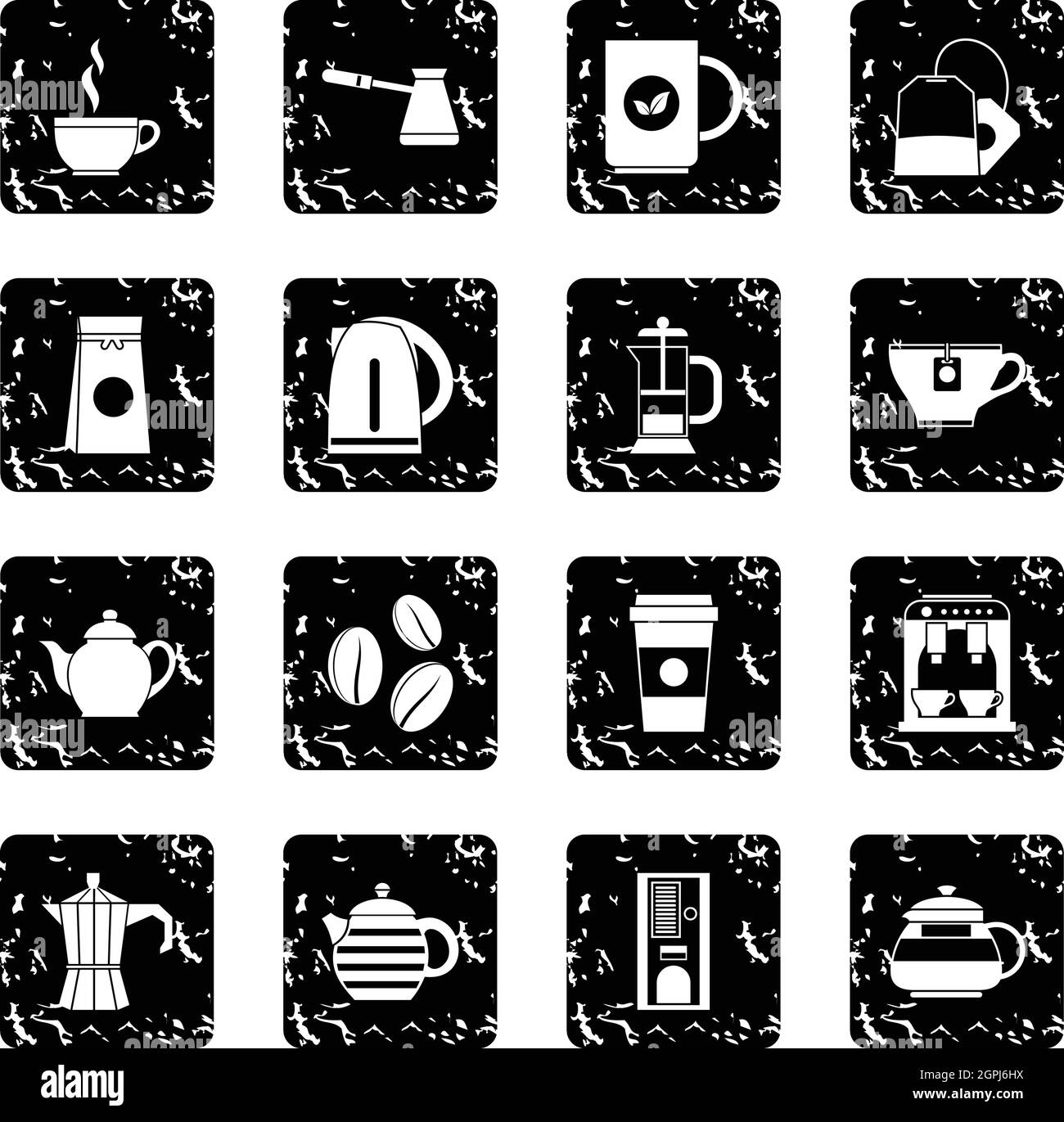 Tea and coffee set icons, grunge style Stock Vector