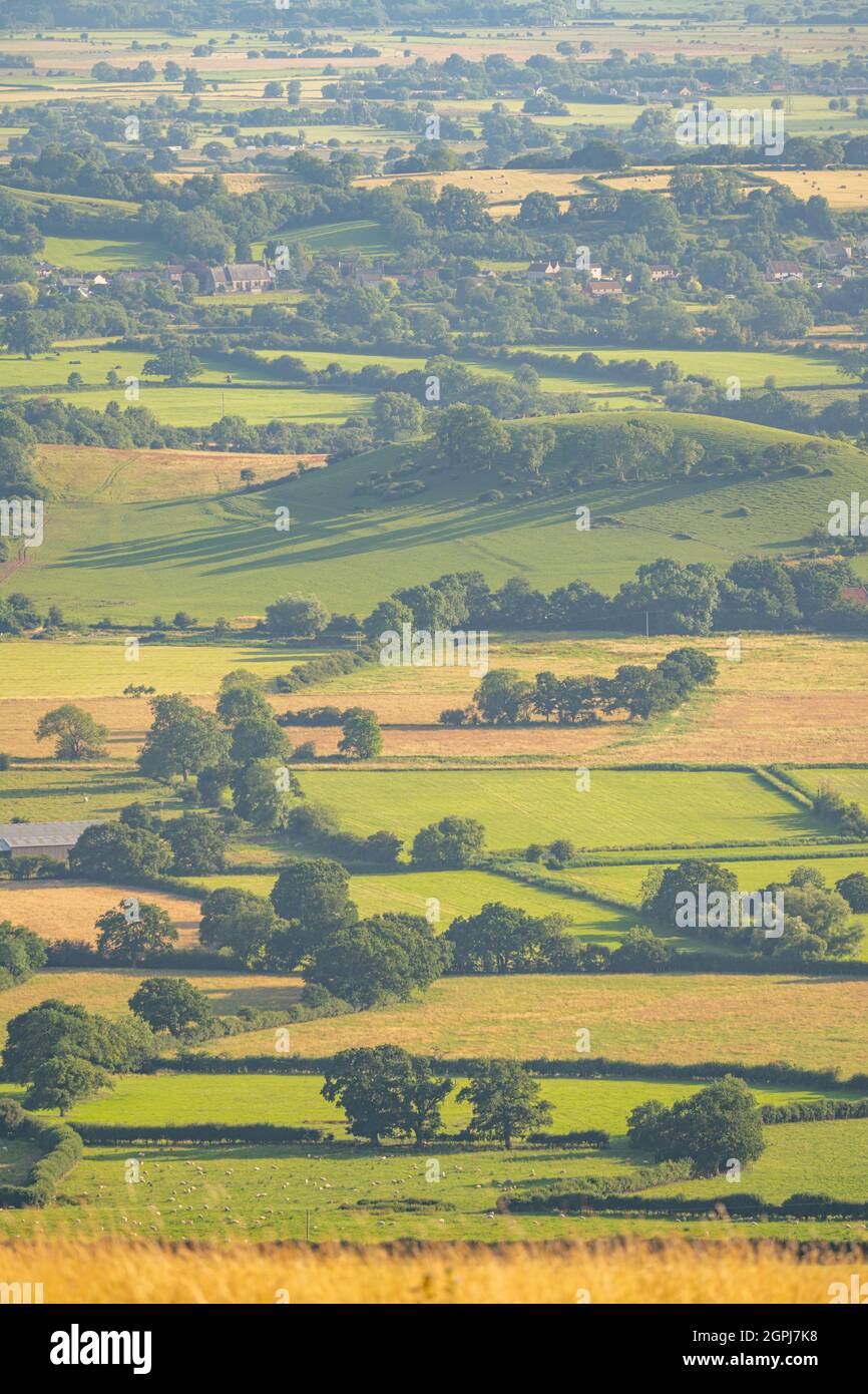 Looking across farmland the from Deerleap on the Mendip Hills Somerset Stock Photo
