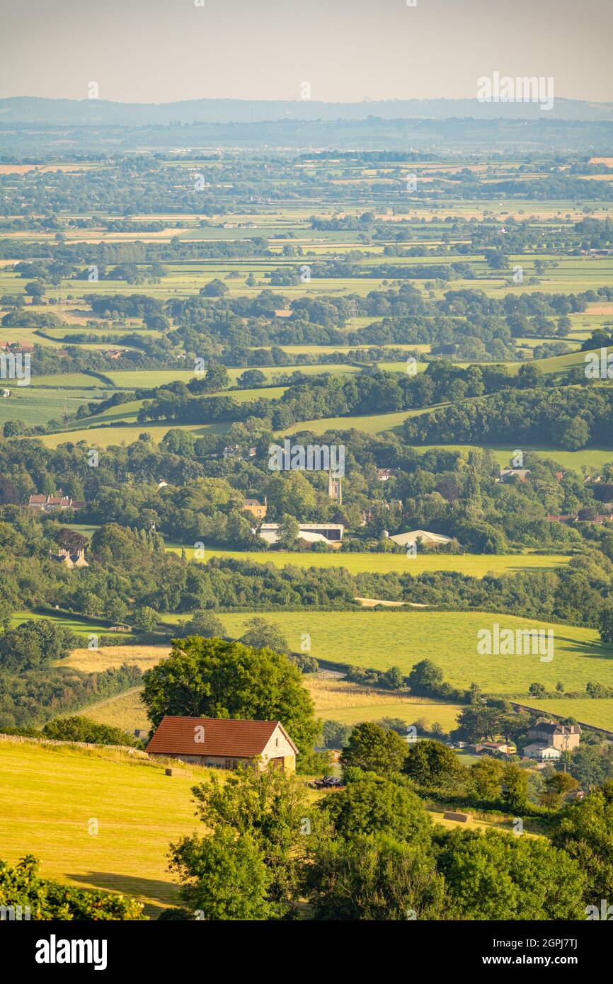 Looking across farmland the from Deerleap on the Mendip Hills Somerset Stock Photo