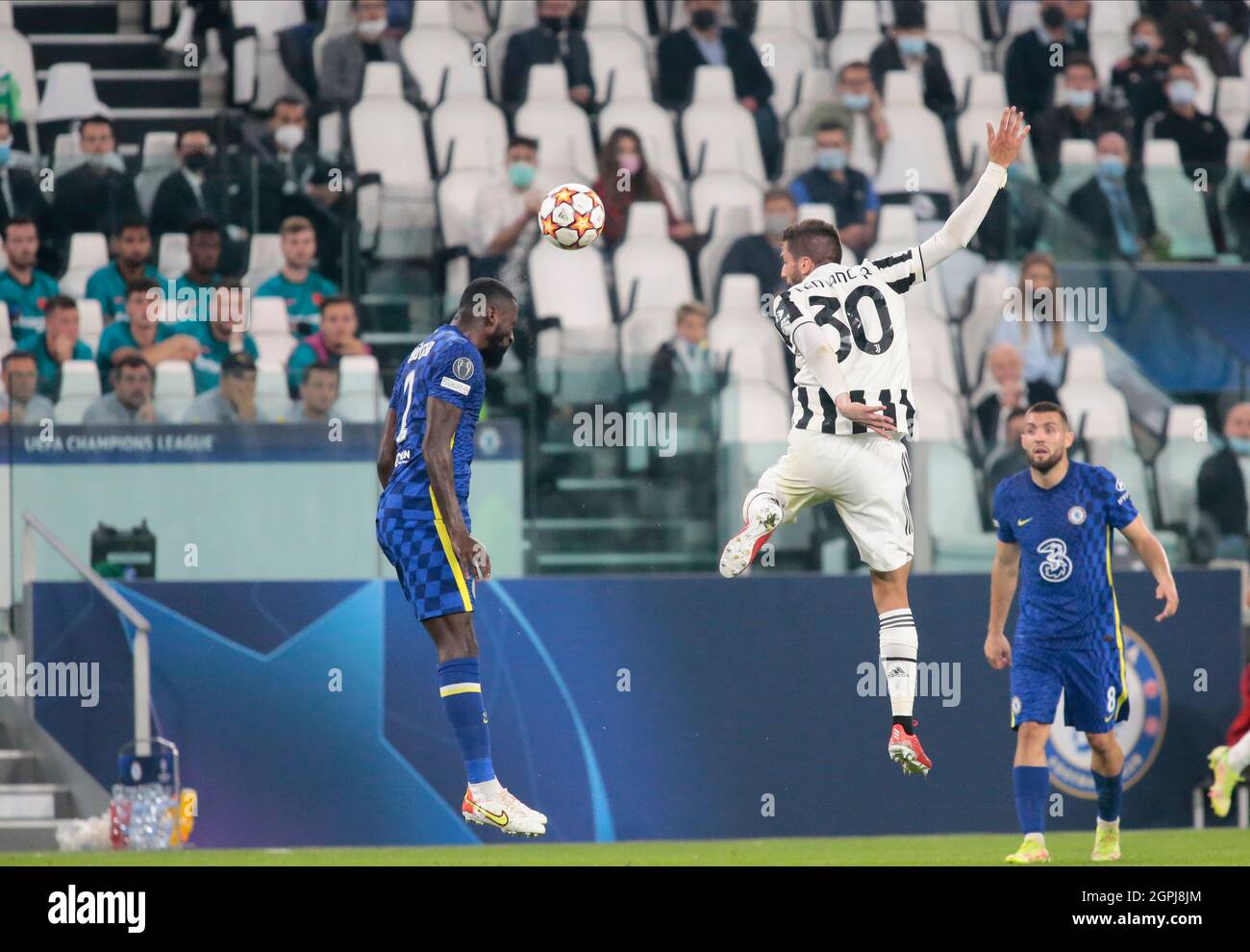 Turin, Italy. 29th Sep, 2021. Rodrigo Bentancur (Juventus Fc) and Antonio  Rusiger (Chelsea Fc) during the UEFA Champions League, Group H football  match between Juventus FC and Chelsea FC on September 29,