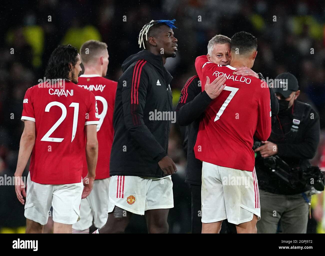 Manchester United's Cristiano Ronaldo and manager Ole Gunnar Solskjaer  after the final whistle of the UEFA Champions League, Group F match at Old  Trafford, Manchester. Picture date: Wednesday September 29, 2021 Stock
