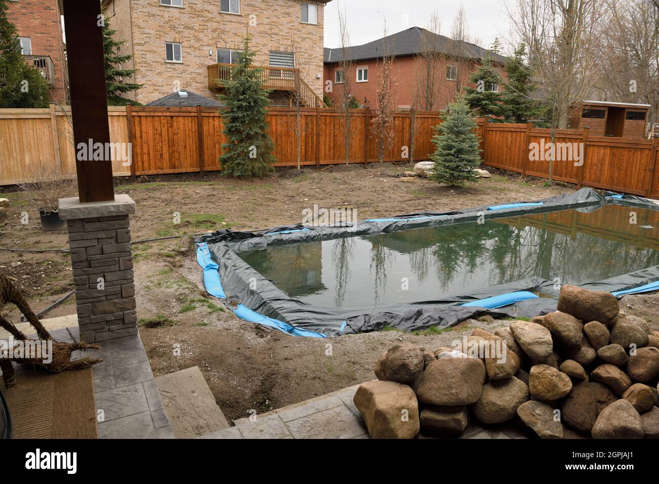 Newly installed pool with cover in Spring with back yard landscaping