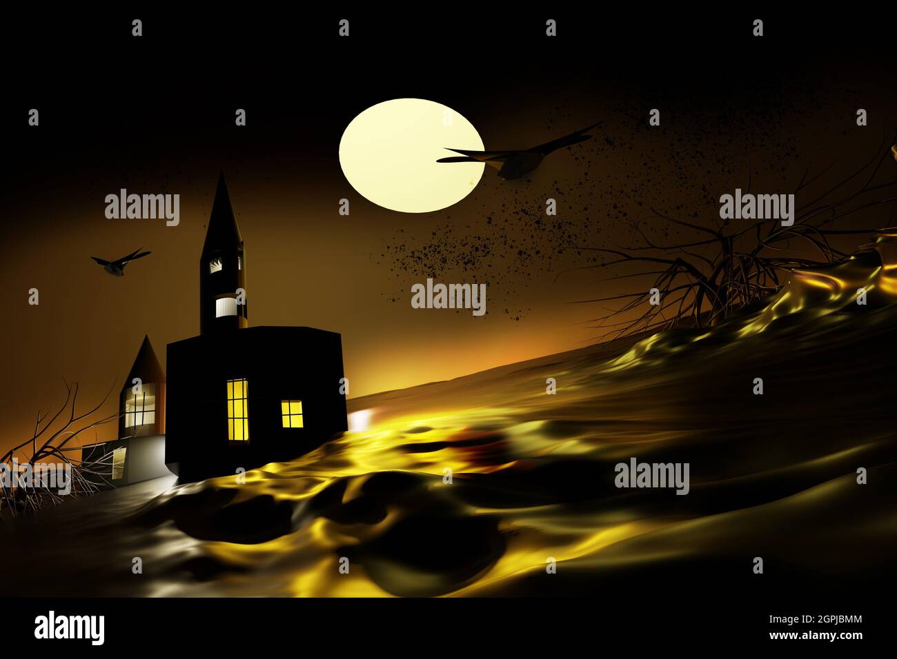 Halloween background. Night scene with haunted castle and full moon. Stock Photo