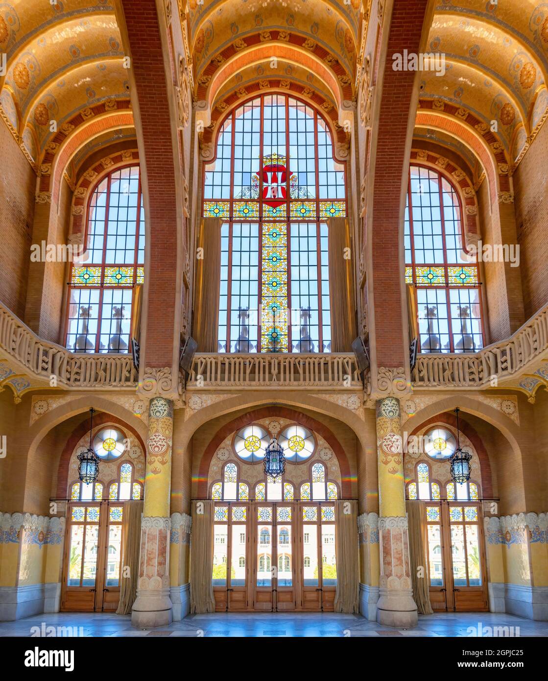 Barcelona, Spain - September 19, 2021: stained glass windows in the hall of Hospital of the Holy Cross and Saint Paul (de la Santa Creu i Sant Pau) Stock Photo
