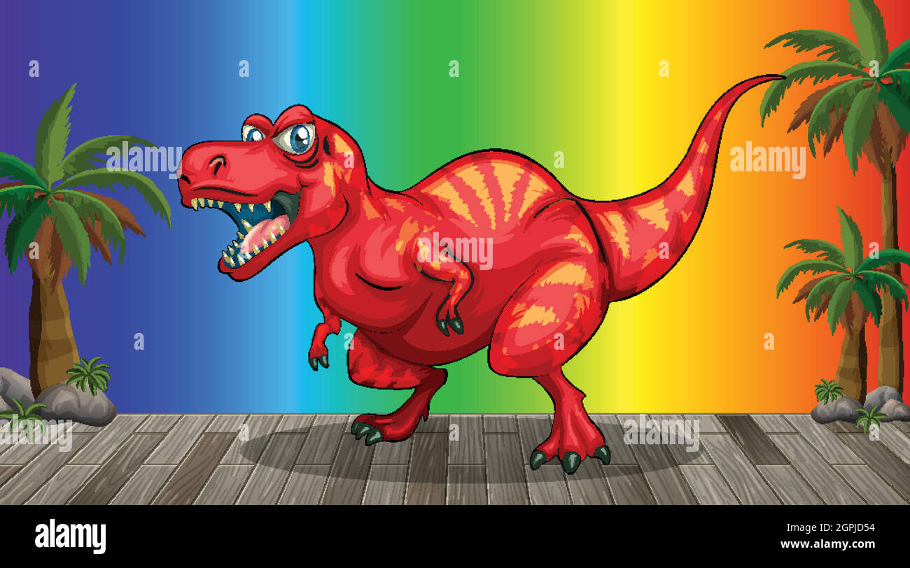 Cartoon dinosaur on rainbow gradient background illustration Stock Vector